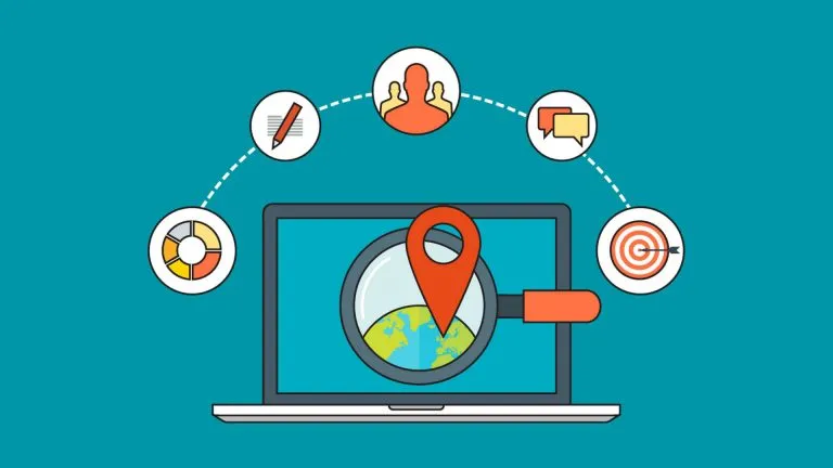A laptop with lots of icons around and one map in the centre referring to Local SEO