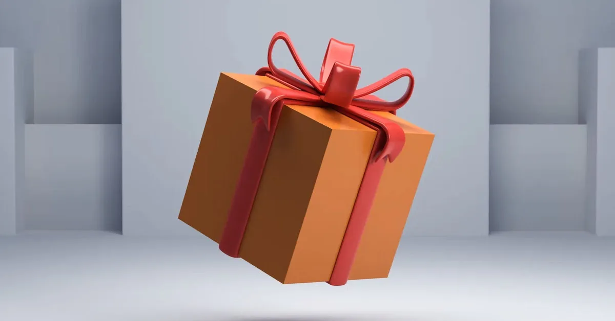 There's a orange box with a red ribbon, representing the giveaways online.