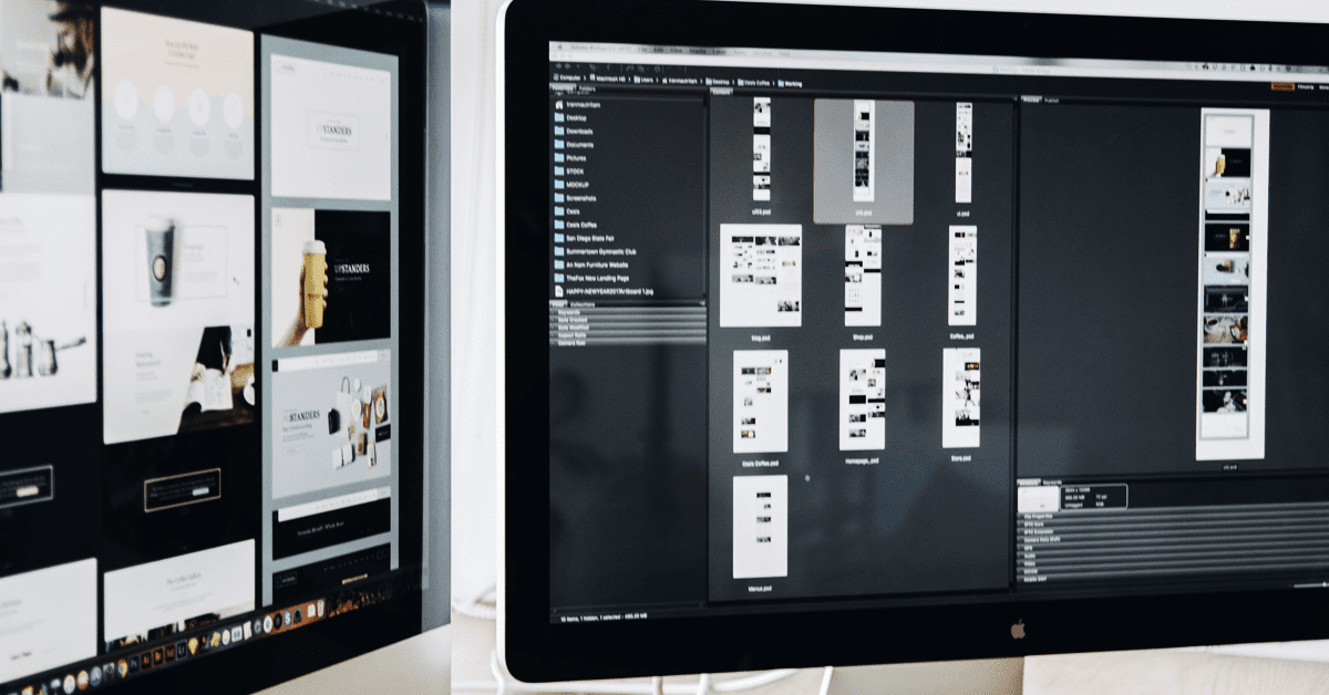 Two computer screens showing the design process.