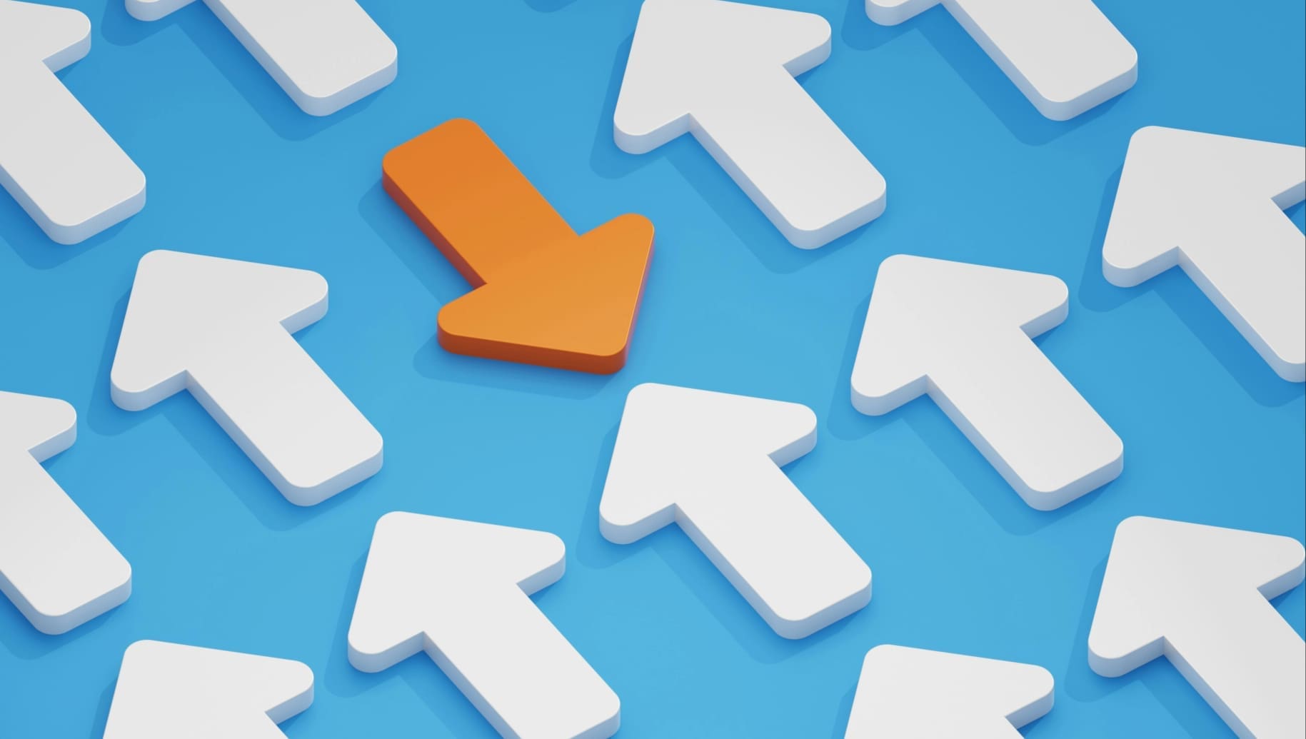 A blue background with white arrows all going in the same direction and one orange arrow going the opposite way, representing inbound and outbound marketing.